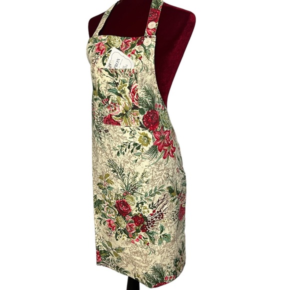 April Cornell MERRY Antique Floral Apron Cotton Canvas Christmas Holidays OS - Picture 2 of 13